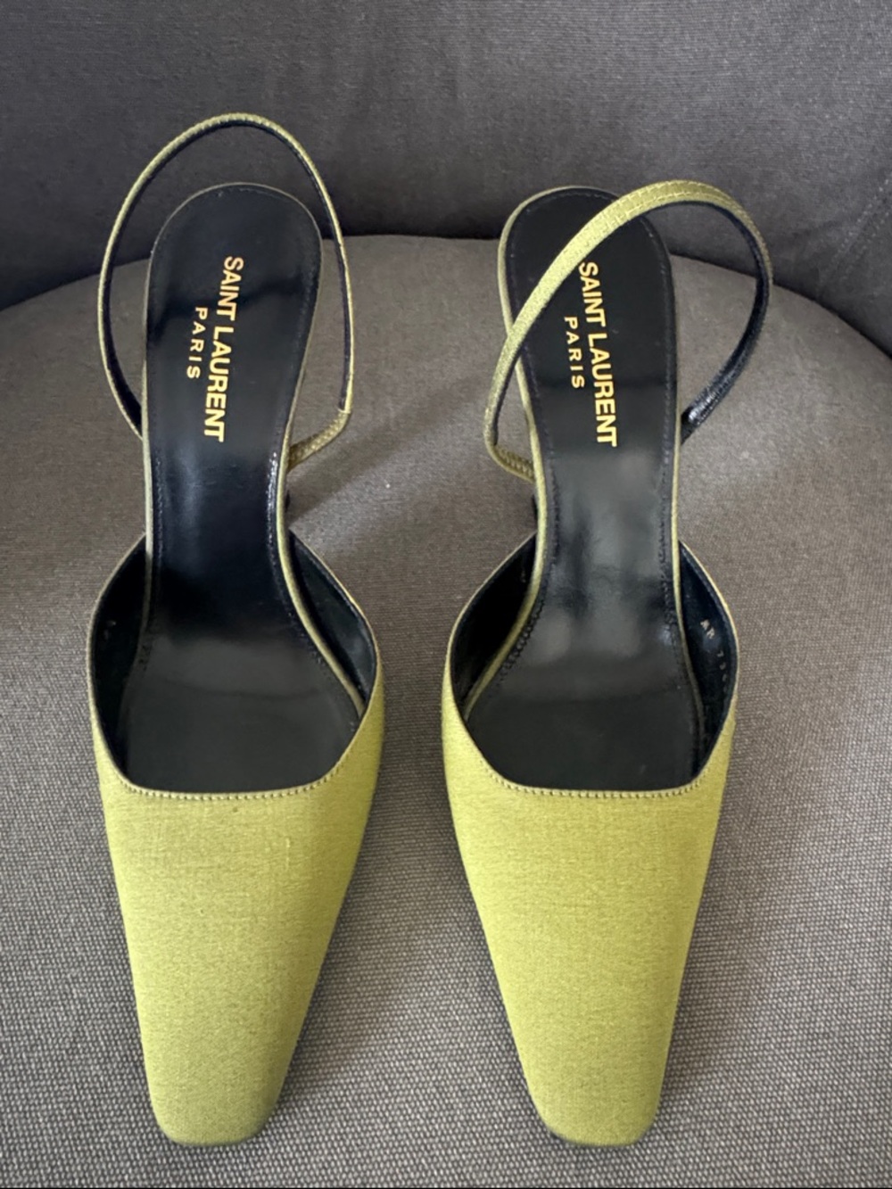 Saint Laurent Chartreuse Green Pointed Slingback Heels with Lilac Block Heels - Picture 2 of 9